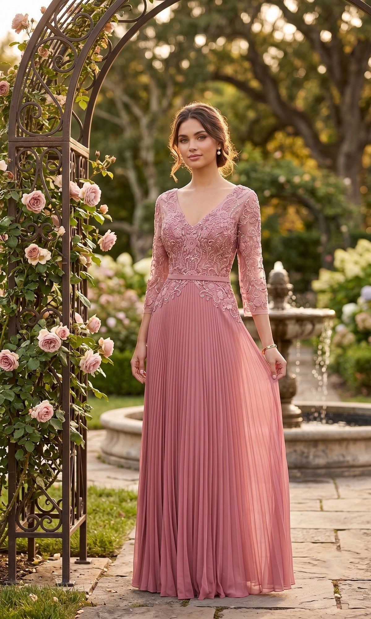 A woman wearing the Long Formal Dress: Chicas YG5038 in dark rose, featuring pleats, an embroidered bodice, and lace details, stands by a garden arch surrounded by blooming roses.